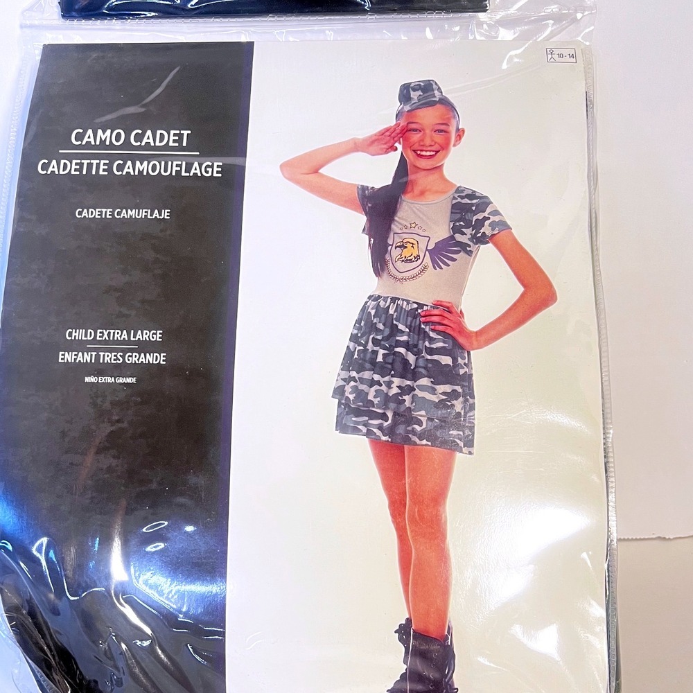 Girls Army Cadet Costume XL 10-14 Camo Military Halloween Dress Hat NWT